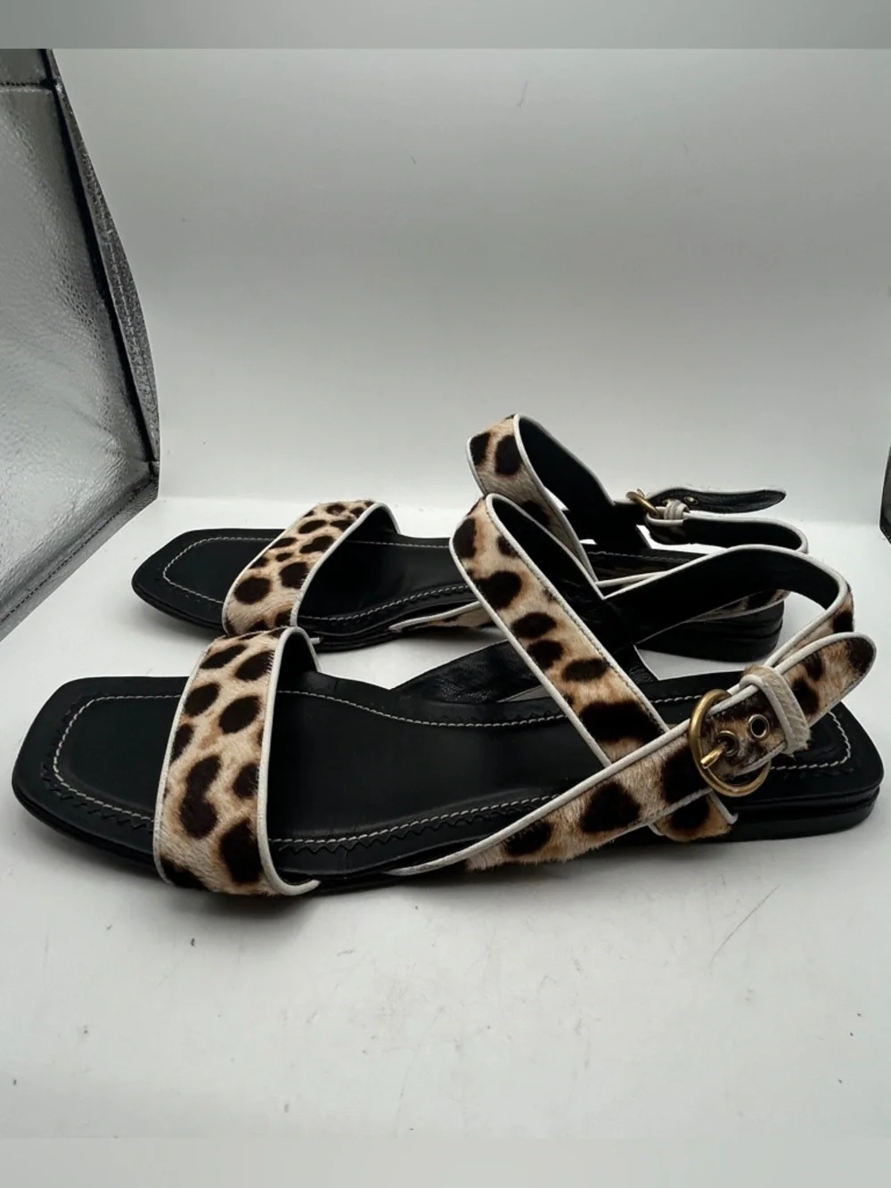 Womens YSL Leopard Calf Hair Sandals Flat Strappy Square Toe Italy 40 luxury - Picture 6 of 13